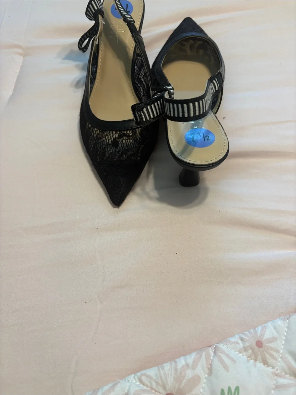 Black Lace Pointed Slingback Heels with Bow Detail